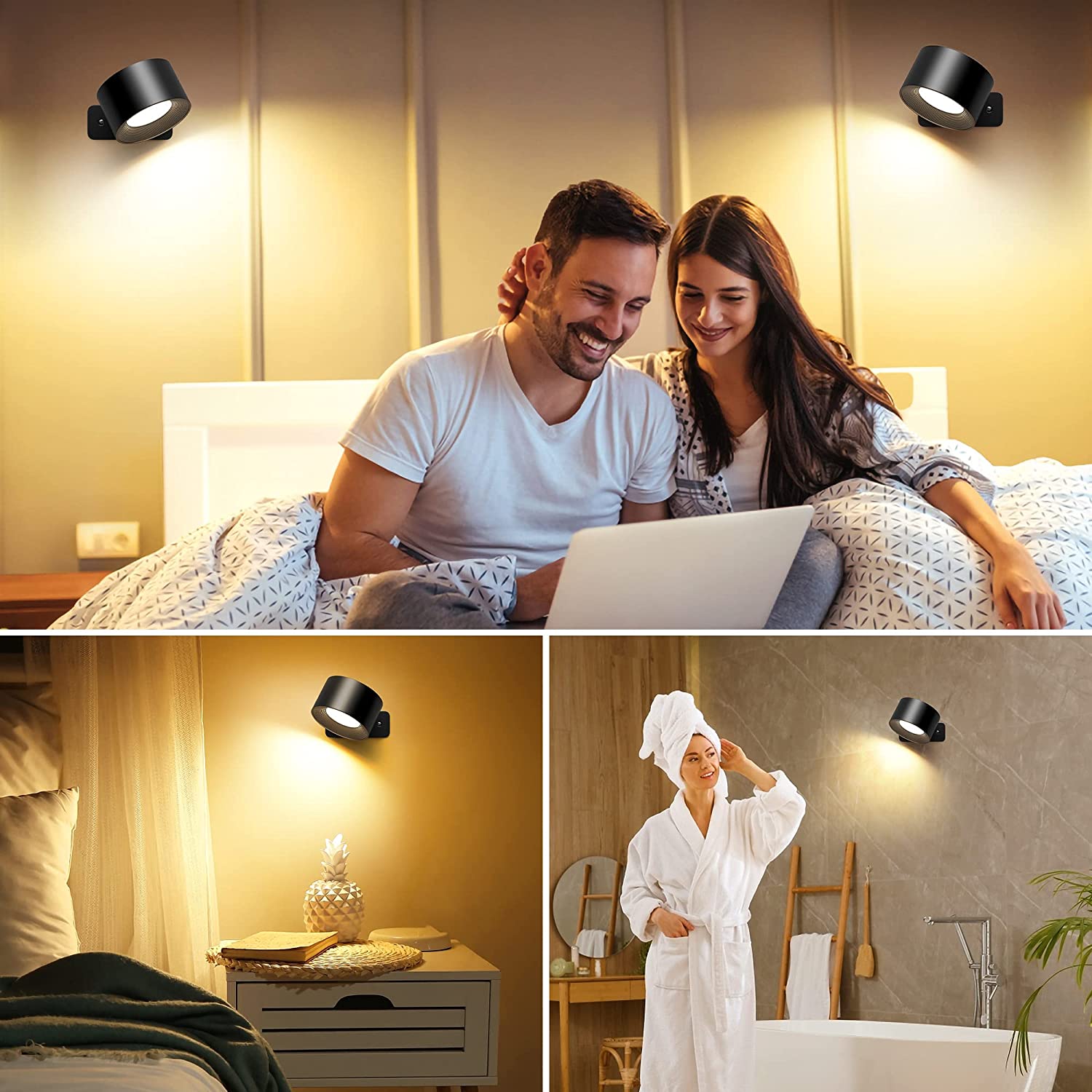 2 PC Indoor Wall Light, Touch LED Wall Lamp with USB Charging Port Touch Control, 3 Brightness Levels, 3 Rotating Temperatures, 360° Bedside Lamp for Bedroom