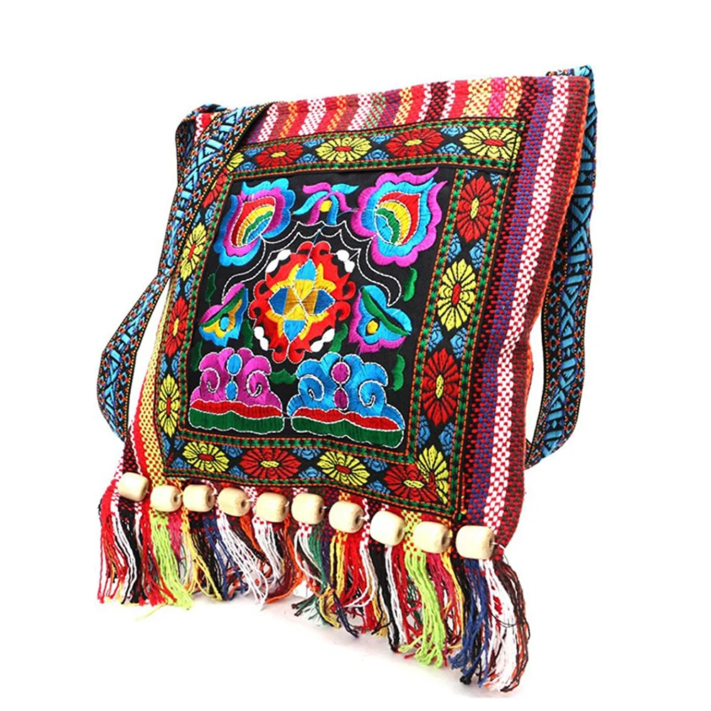 Bolsa crossbody bordada estilo étnico Boho com decoração de borla para mulheres