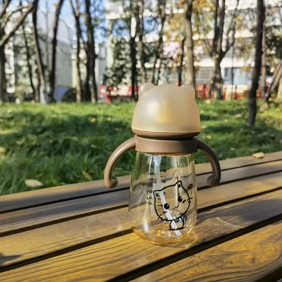 300ml garrafa de alimentação do bebê ppsu infantil à prova de gota bebê de grande calibre garrafa de leite das crianças beber copo palha alça dupla