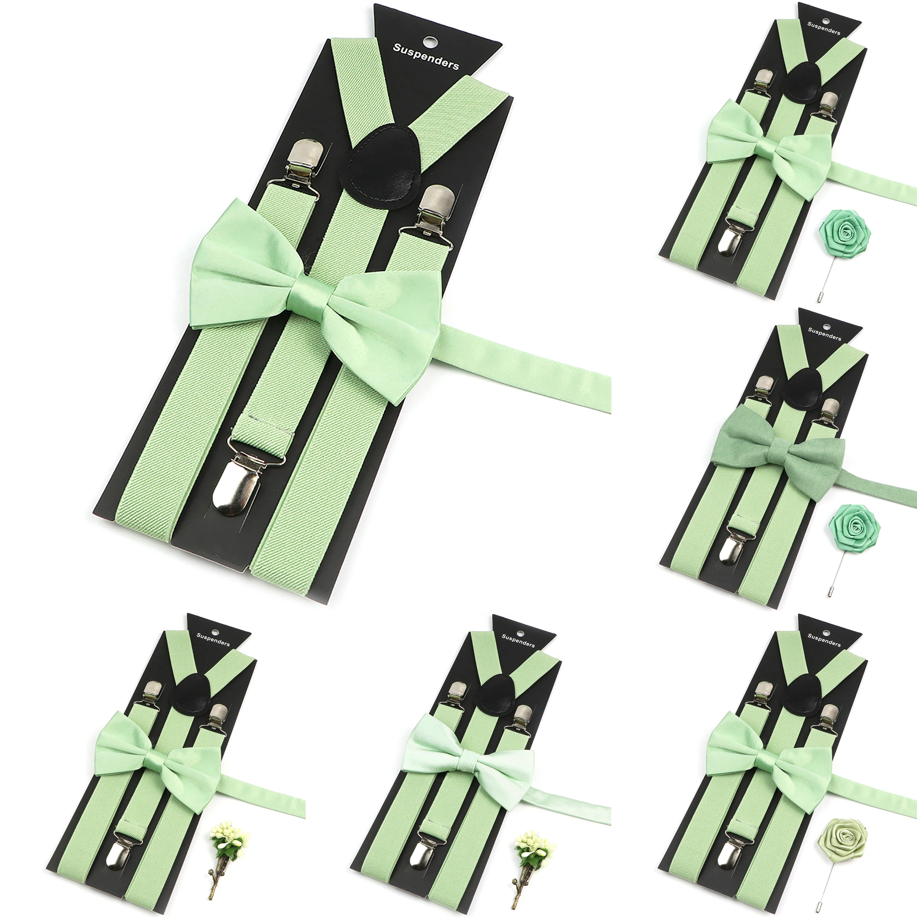 Hot Sale Sage Green Suspender Bowtie Brooch Set Romantic Wedding Y-Back Straps Braces Parent-Child  Butterfly Suit Skirt Gift