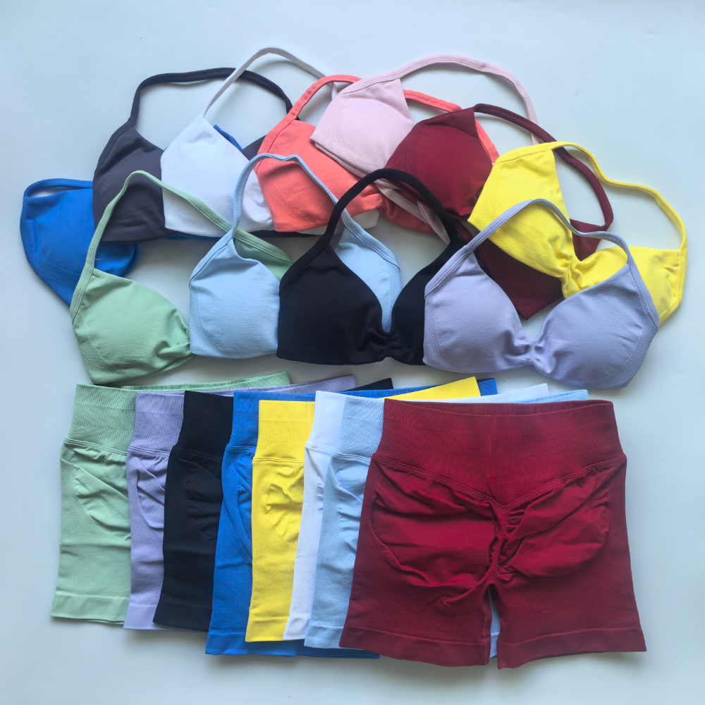 Conjunto de gimnasio de impacto para mujer, sujetador de Yoga con tiras sin costuras, Top de cintura alta, pantalones cortos de entrenamiento, traje deportivo, ropa deportiva, 2 uds.