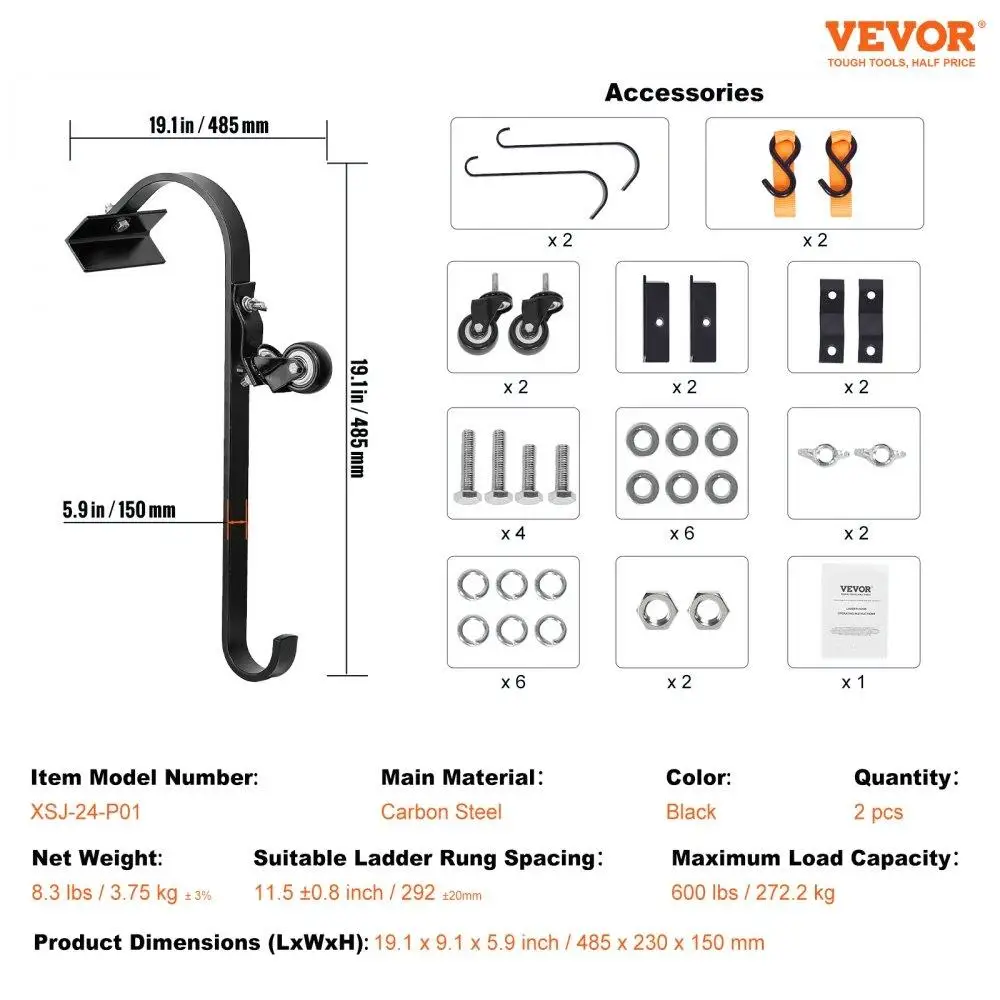 Ladder Roof Hook Stabilizer 2-Pack with Fixed Wheel Swivel Bar Steel