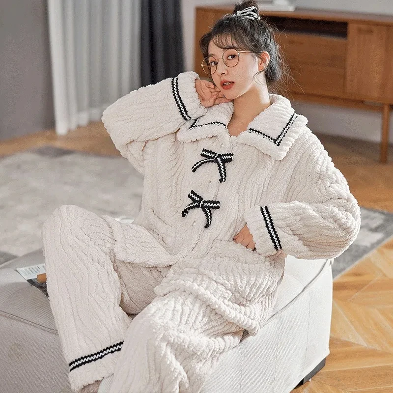 2 pçs/set pijamas femininos outono e inverno estudantes casa wear acolchoado e engrossado quente roupas de princesa roupas femininas