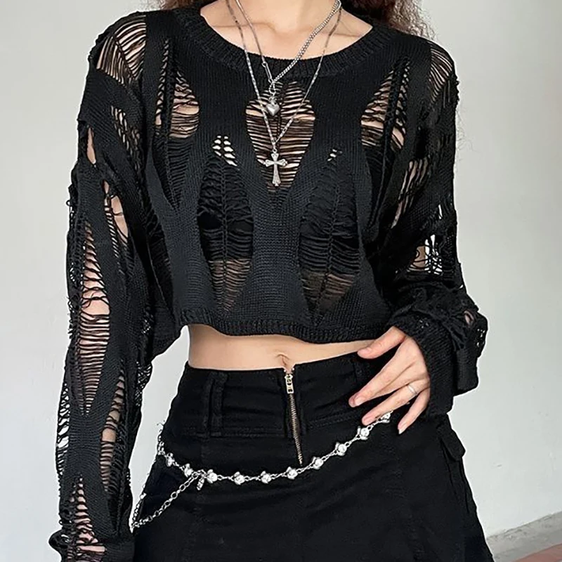 ITOOLIN 女性穴中空アウト Y2K Tシャツバットウィングスリーブニットシャツ女性のためのルーズストリートトップス春秋 2024