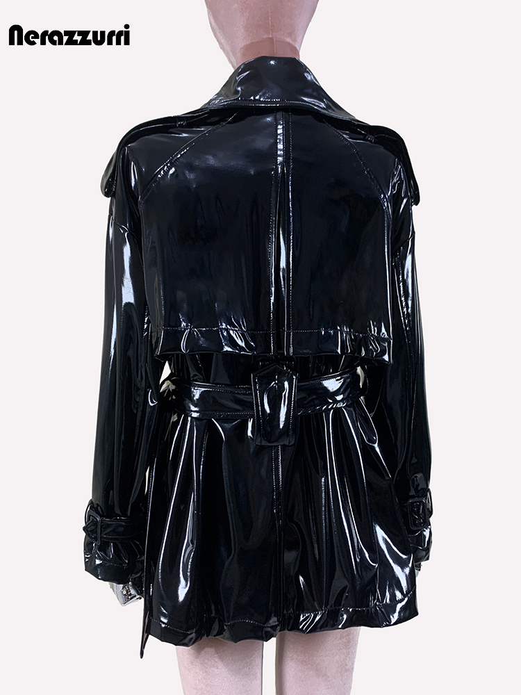 Nerazzurri Lente Herfst Oversized Dunne Glanzende Reflecterende Lakleer Trenchcoat voor Dames Double Breasted Europese Mode