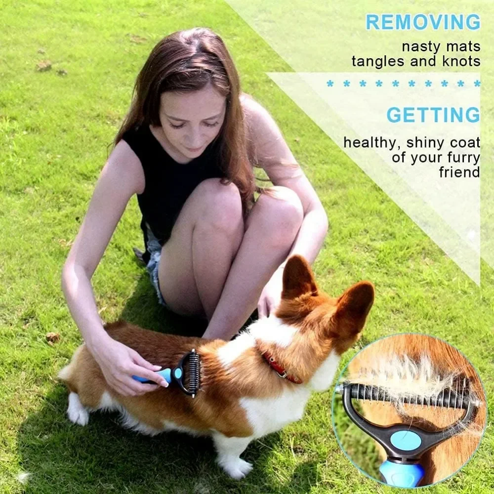 Pet Deshedding Brush Double Sided Pet Grooming Tool for Shedding and Dematting - Stainless Steel Dog Comb with Effective Results
