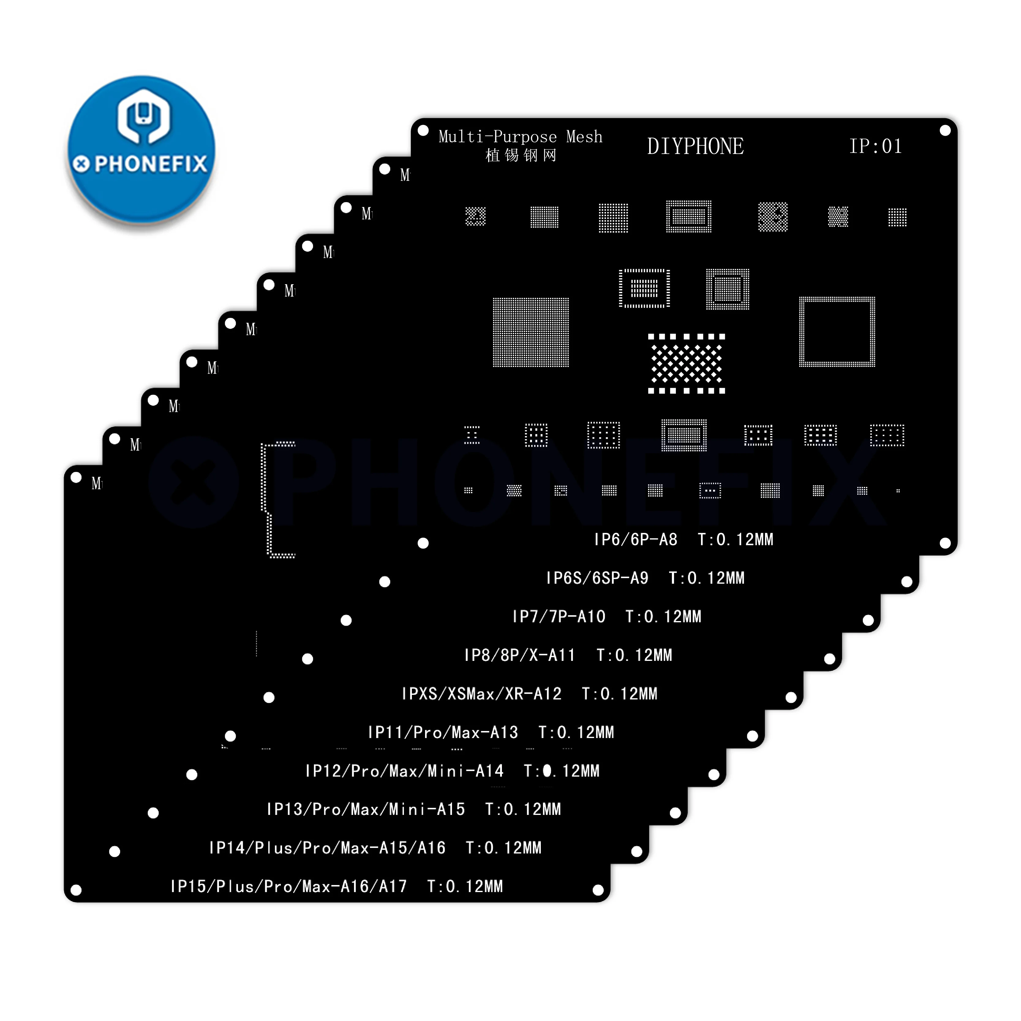 Kit de plantillas de reparación DIYPHONE BGA para iPhone 16 16Plus 15 14 13 13mini 11 12 Pro Max CPU de acero negro IC Chip red de soldadura de estaño