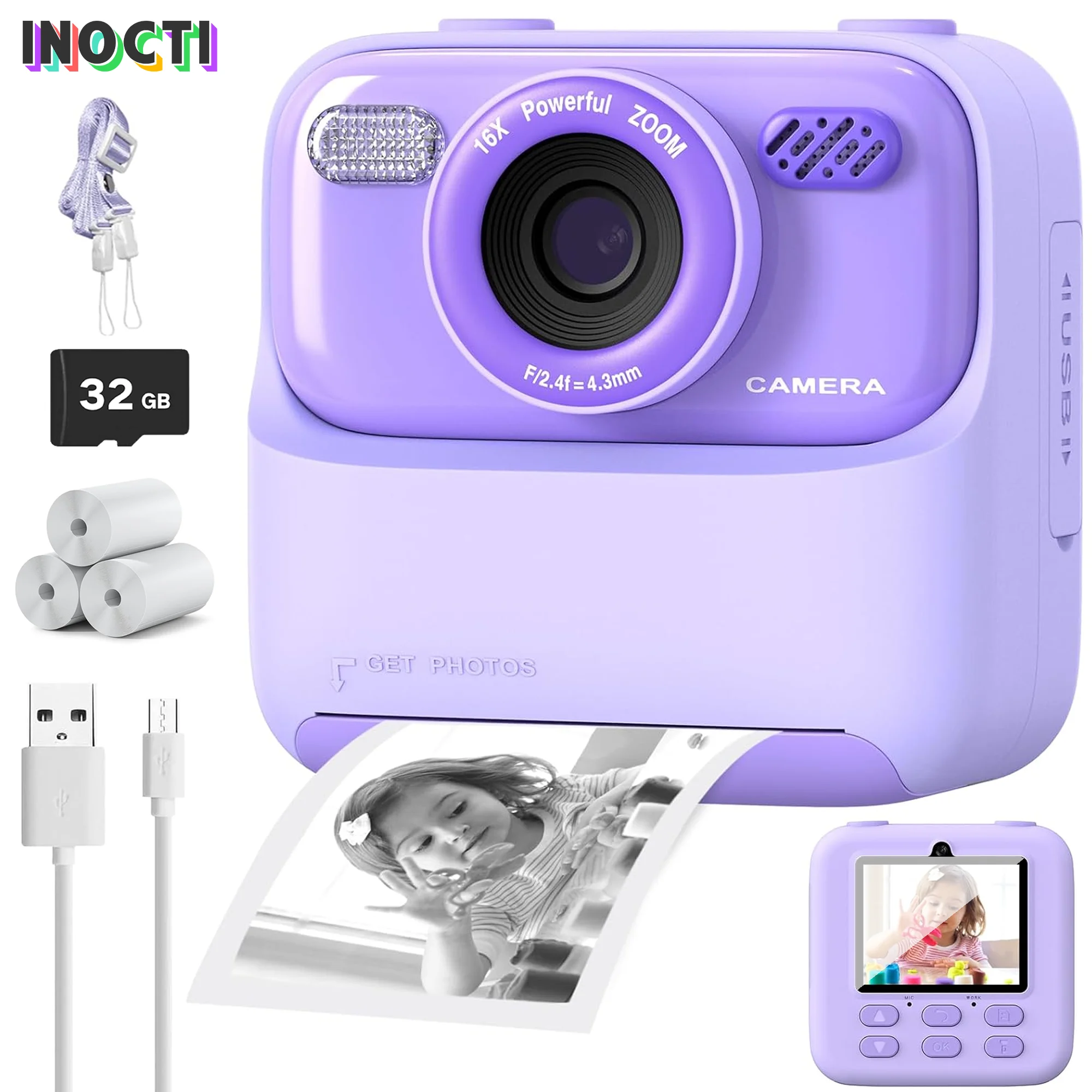 INOCTI Kids Instant Print Camera, Toddler Digital Camera, HD Dual Lens Selfie for Girls Boys Christmas Birthday Gifts Toys