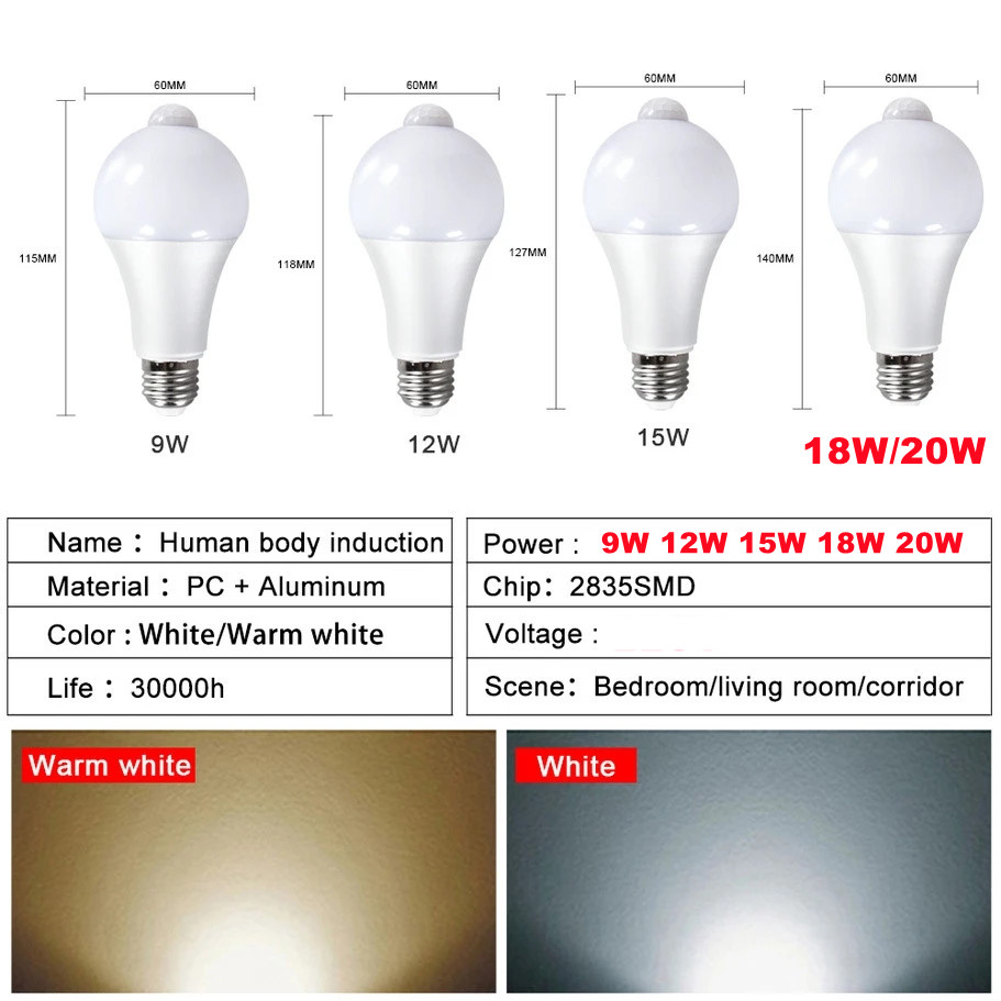 Bombilla LED con Sensor de movimiento E27, 9W, 12W, 18W, 20W, lámpara LED con Sensor PIR, luz nocturna de encendido/apagado automático para iluminación de estacionamiento del hogar, 110V, 220V