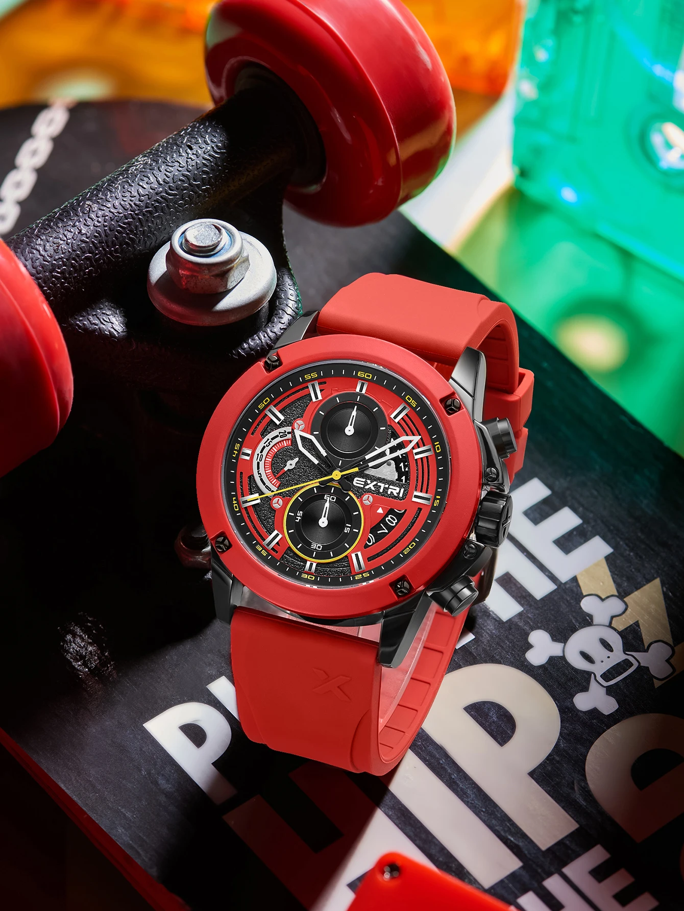 EXTRI jam tangan untuk pria, casing Biru Mode karet multifungsi enam Pointer kuarsa Relojes desain baru dengan kotak