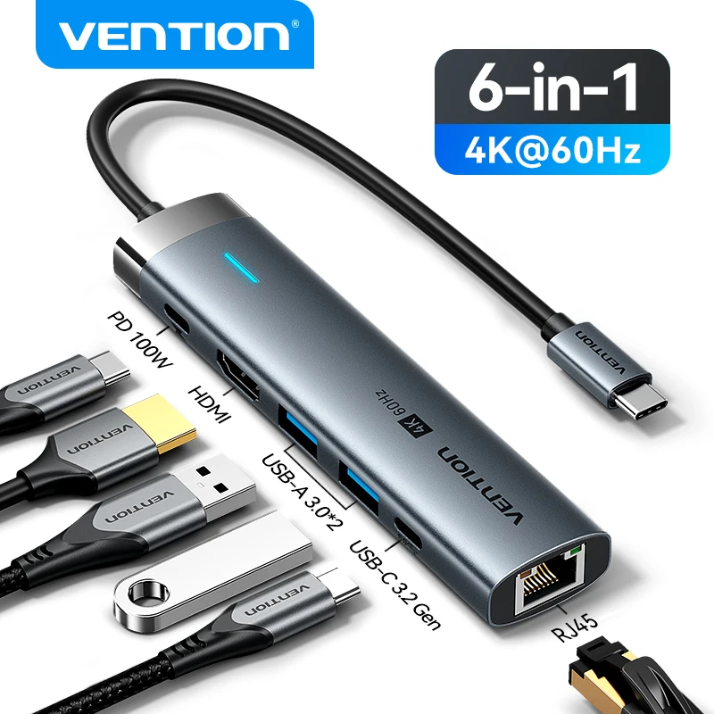 Vention USB C HUB Type C to HDMI 4K60Hz RJ45 PD 100 Вт Адаптер для Macbook iPad Pro Air M2 M1 Sumsang Аксессуары для ПК USB 3.0 HUB