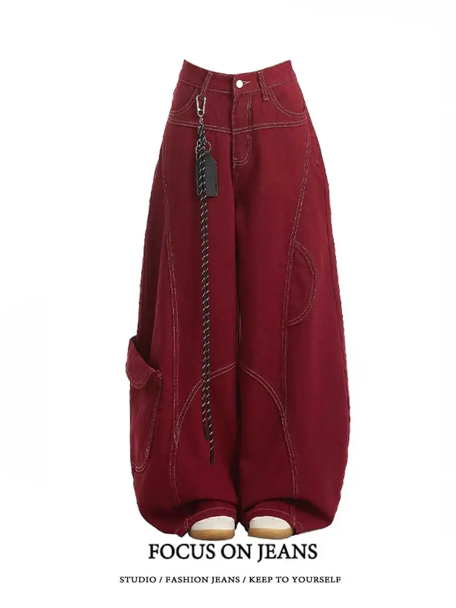 Pantalones vaqueros Vintage callejeros Y2K Harajuku, ropa informal roja lavada, pantalones vaqueros holgados, pantalones vaqueros para hombre y mujer, pantalones anchos de cintura alta 2025