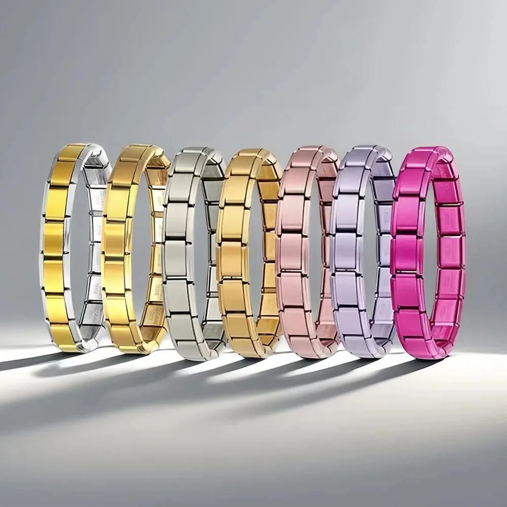 Pulsera con dijes de eslabones italianos elásticos de acero inoxidable a la moda, brazalete de diseño Simple de 9mm de ancho para hombres y mujeres, fabricación de joyería DIY