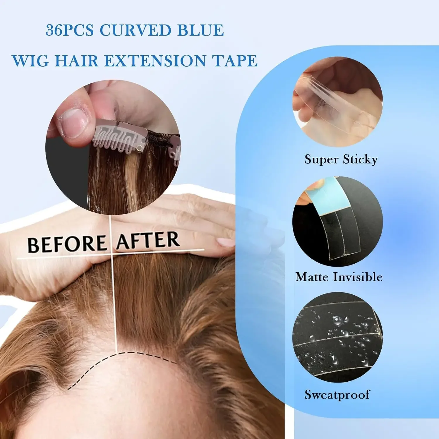 36 ชิ้น/ล็อต Super Strong วิกผมเทปกาวคู่ขยายเทปแถบกันน้ําสําหรับ Toupee/วิกผมลูกไม้ฟิล์ม C Shap