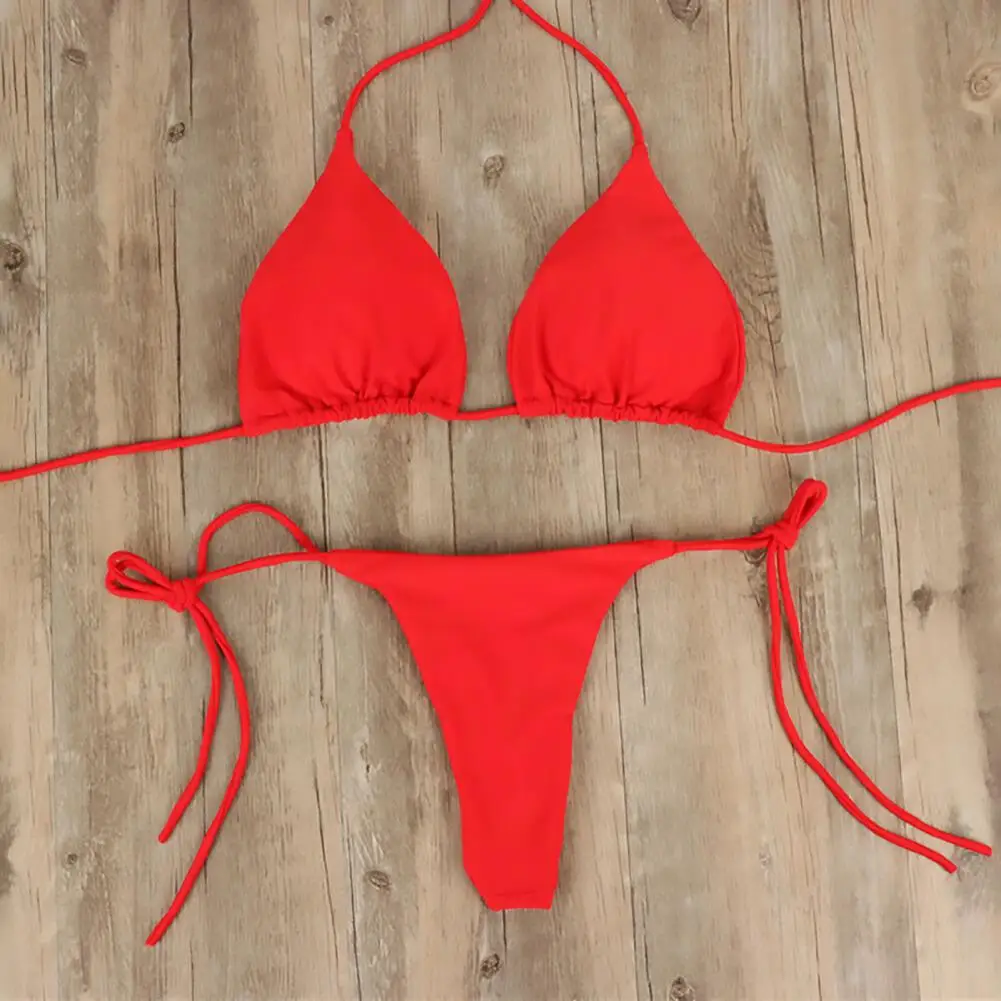 2 pièces/ensemble maillots de bain femmes Bikini ensemble 2023 couleur unie licou cou sangle string femmes maillot de bain ensemble pour la plage