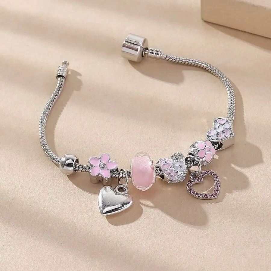 Obega Love Heart Flower Pulsera con colgante de cristal Pulsera clásica con cuentas ajustables de piedra de cristal rosa y blanco Color plata y oro