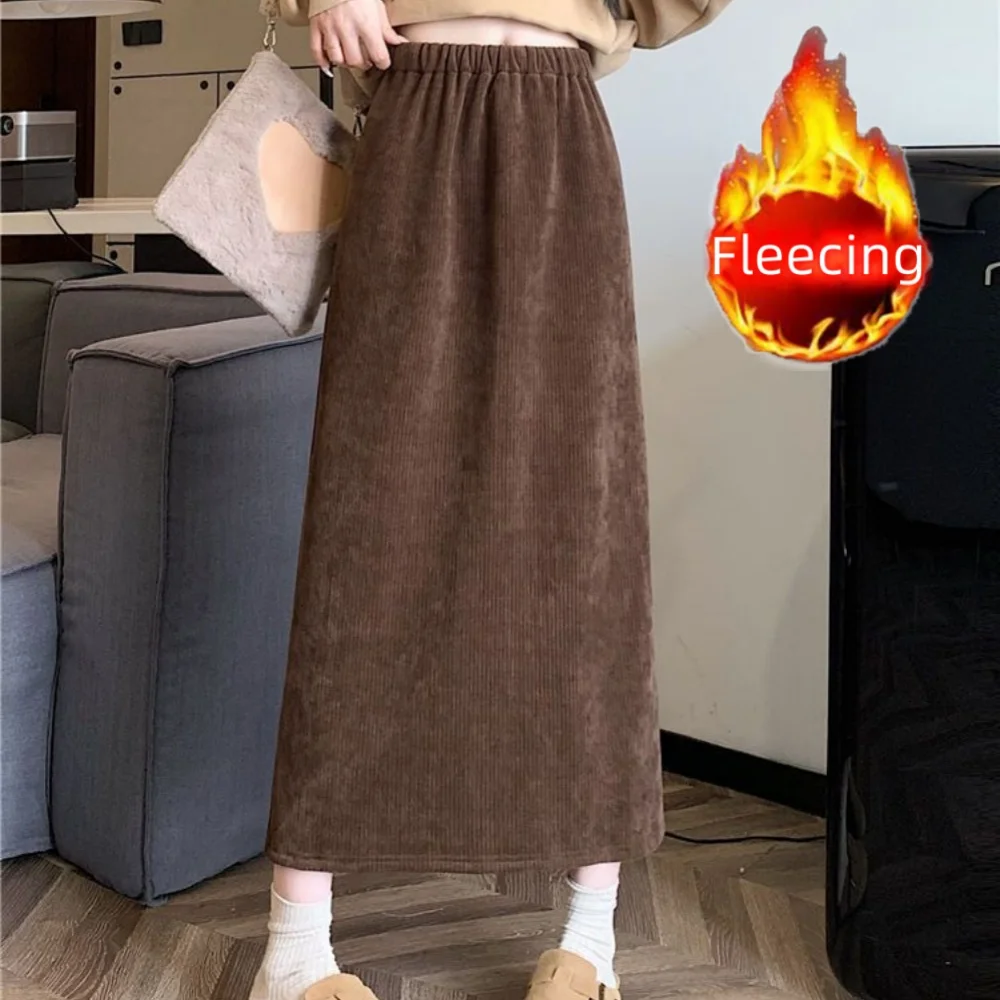 빈티지 우아한 오피스 레이디 A라인 스커트, 뒷면 슬릿, 신축성 허리, 두꺼운 여성 스커트, 따뜻한 플리스, 겨울 신상