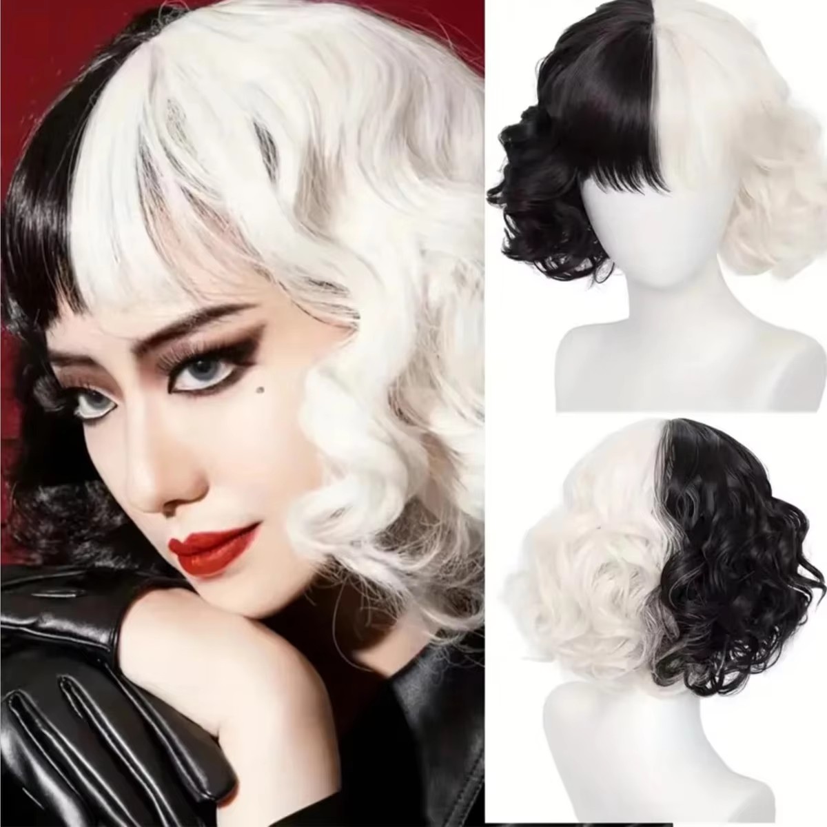 Synthetische pruiken CRUELLA Deville De Vil Cosplay Krullend Half Wit Half Zwart Hittebestendig Synthetisch haar Pruik + Pruikdop
