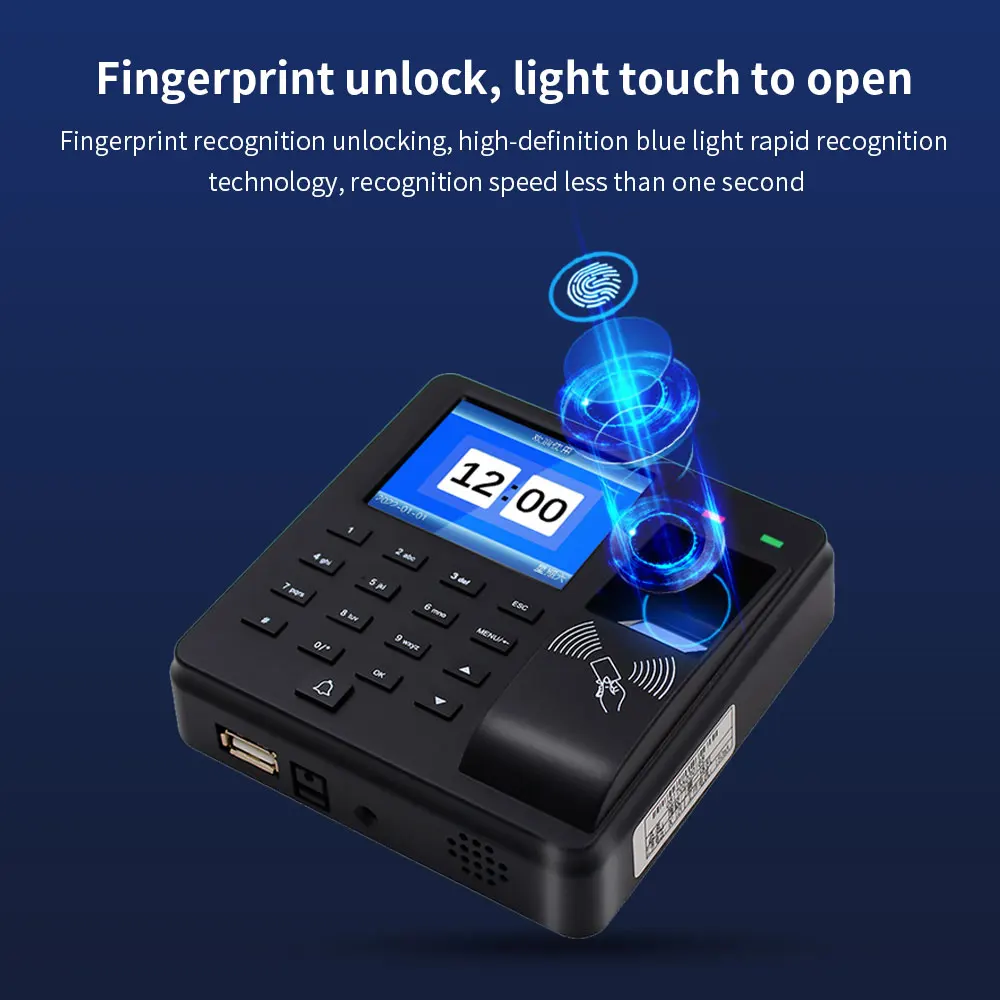 Kontrola dostępu Maszyna do rejestracji czasu pracy Rozpoznawanie linii papilarnych/hasło/karta RFID 125 kHz Zegar czasu Rejestrator rejestracji pracownika