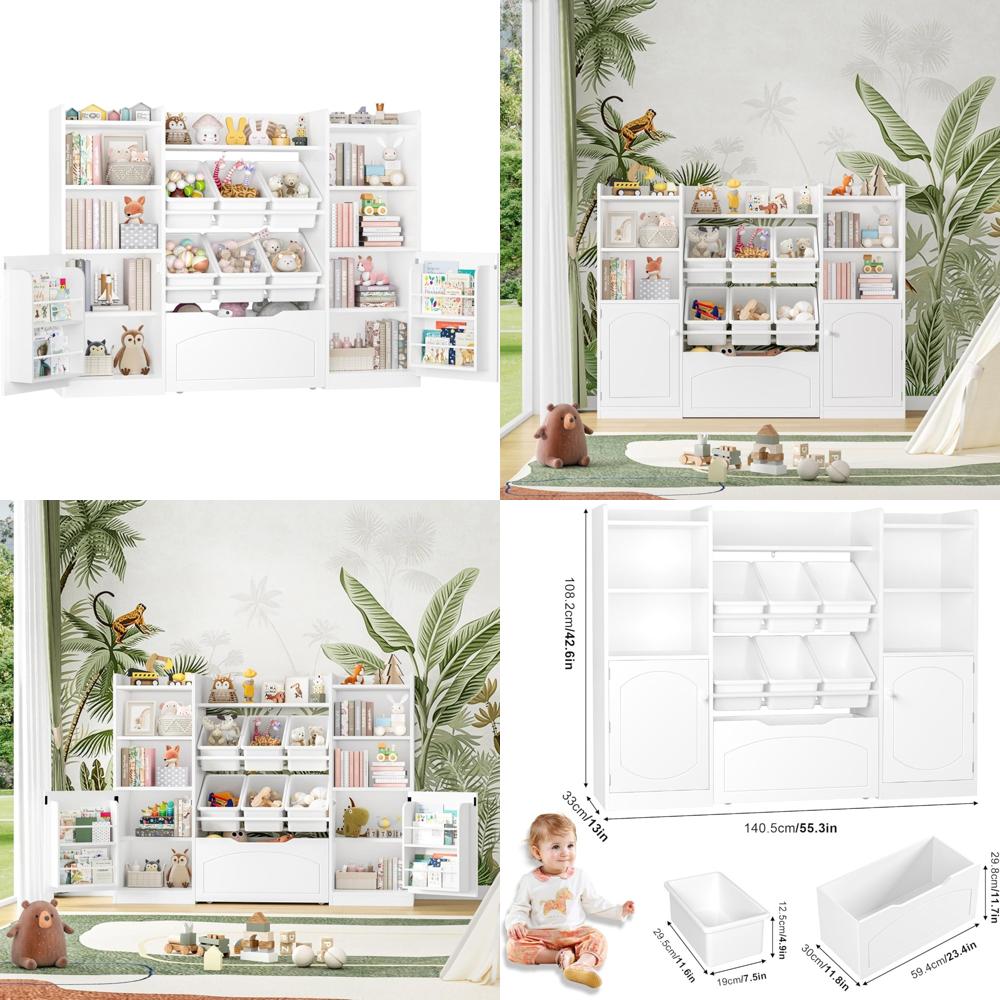 55-inch multi-functional kids storage organizer with removable bins and bookshelf