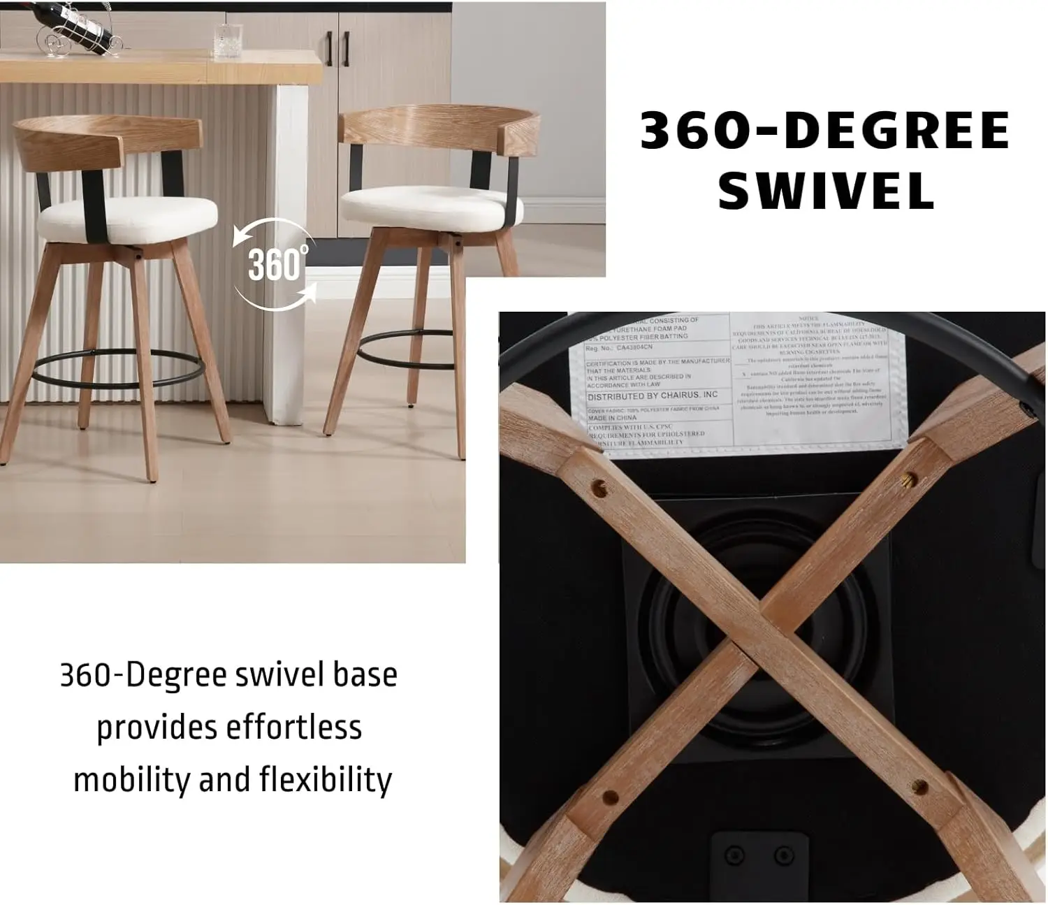 Swivel Bar Stools Set of 2, 26" Counter Height Bar Stool Footrest Modern Wood Barstools Linen Upholstered Seat Counter Stools