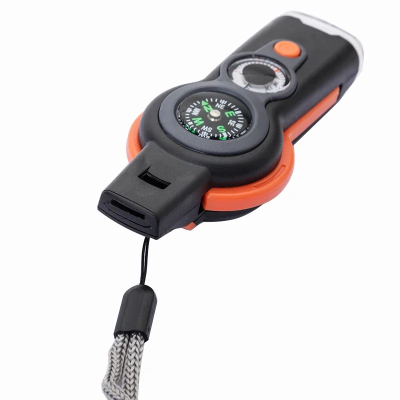 Sifflet multifonctionnel 7 en 1, boussole d'extérieur, thermomètre, lumière LED, lampe de poche de survie, loupe à miroir inversé