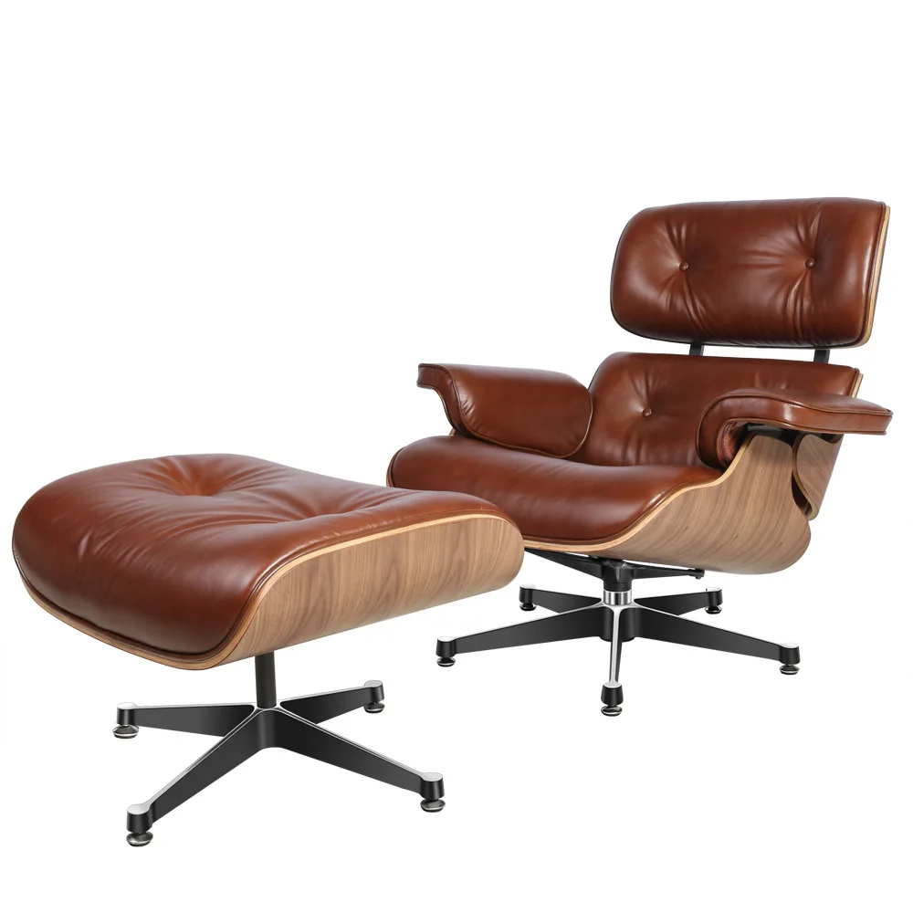 Imported Top Layer Cowhide Classic Recliner Ottoman Light Rosewood Walnut Armchair Swivel Lounge Chair Furniture Leisure Chair