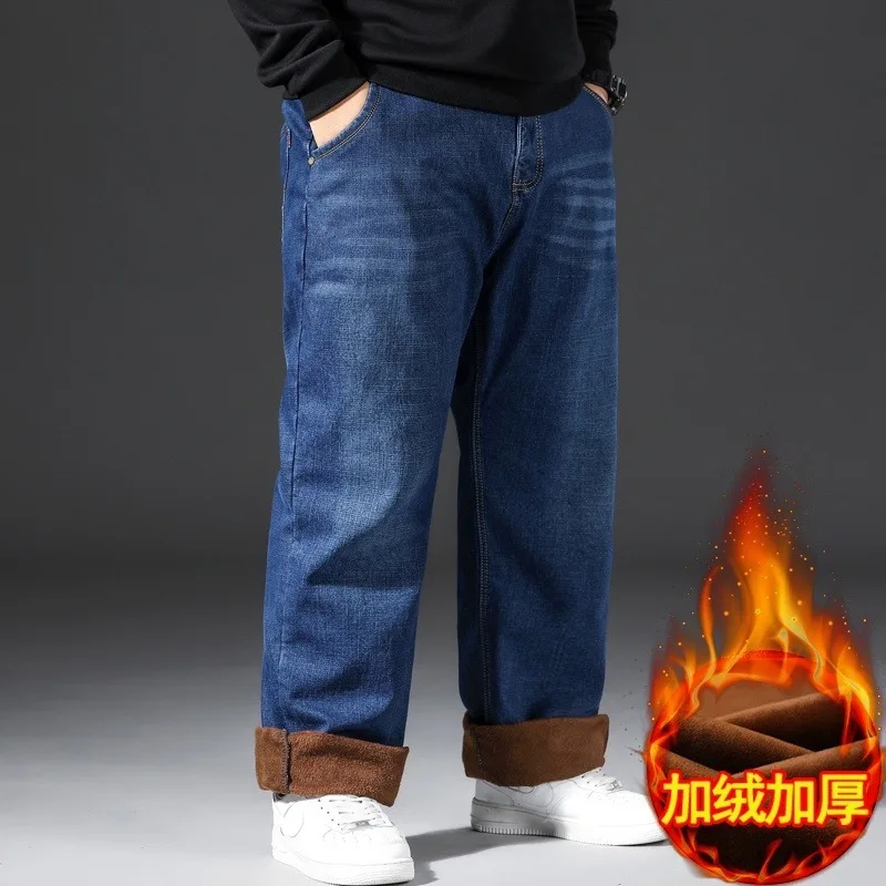 PLUS ขนาด DENIM กางเกงยีนส์ผู้ชายหนาฤดูใบไม้ร่วงและฤดูหนาวขนแกะกางเกงหลวมตรงคุณภาพสูง Casual Elastic WARM กางเกงแฟชั่น