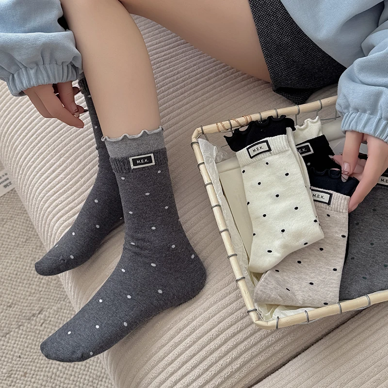 Chaussettes pour femmes nouveaux points mignon froufrous décontracté mode chaussettes longues respirant Style Preppy dames nouveautés chaussettes coton doux confortable