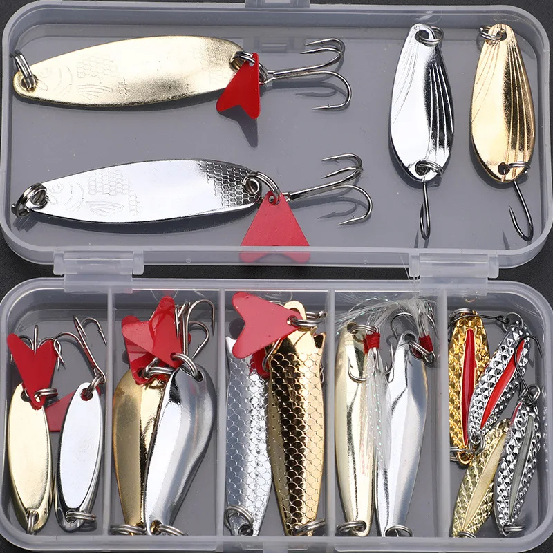 Kit de Señuelos de Pesca, juegos de 16 Uds., señuelo de Jigging curricán, cuchara de Metal para lubina, accesorios de aparejos de manivela con caja, Kit de Wobblers