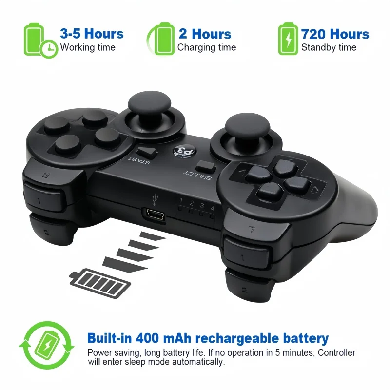 Bezprzewodowy gamepad Bluetooth do Sony PS3/PlayStation 3 – kompatybilny z kontrolą ruchu SIXAXIS, ładowalny joystick z kablem USB
