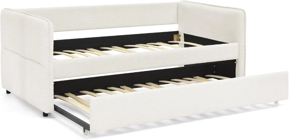 Upholstered Daybed with Pop Up Trundle, Twin to King Daybed with Trundle, Modern Extendable Day Bed Frame for Kids Teens