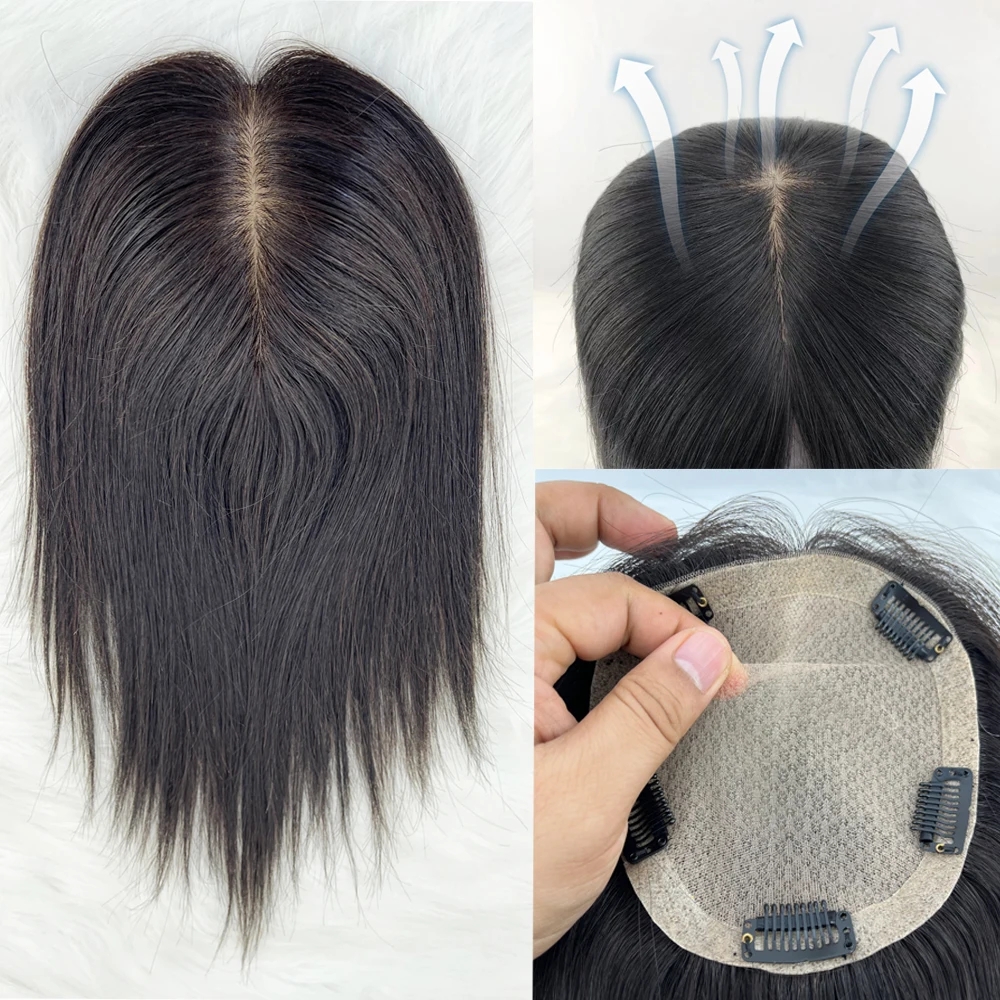 16x18CM vierge européenne cheveux humains Topper attaché à la main haut en soie toupet Base en soie respirant pièce de cheveux avec Clips pour les femmes