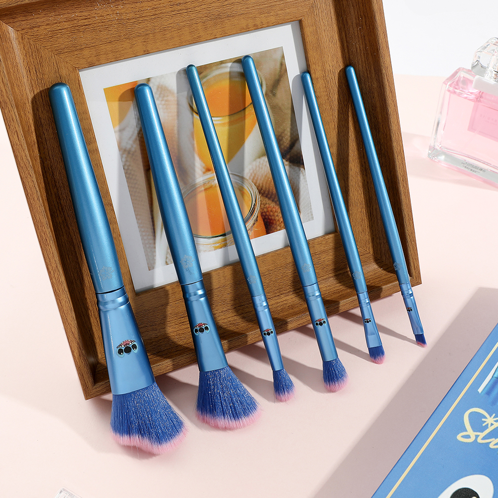 Brocha de maquillaje de punto de Disney, 6 uds., mango de madera Kawaii, polvo, sombra de ojos, base, colorete, mezcla, brocha de maquillaje de belleza