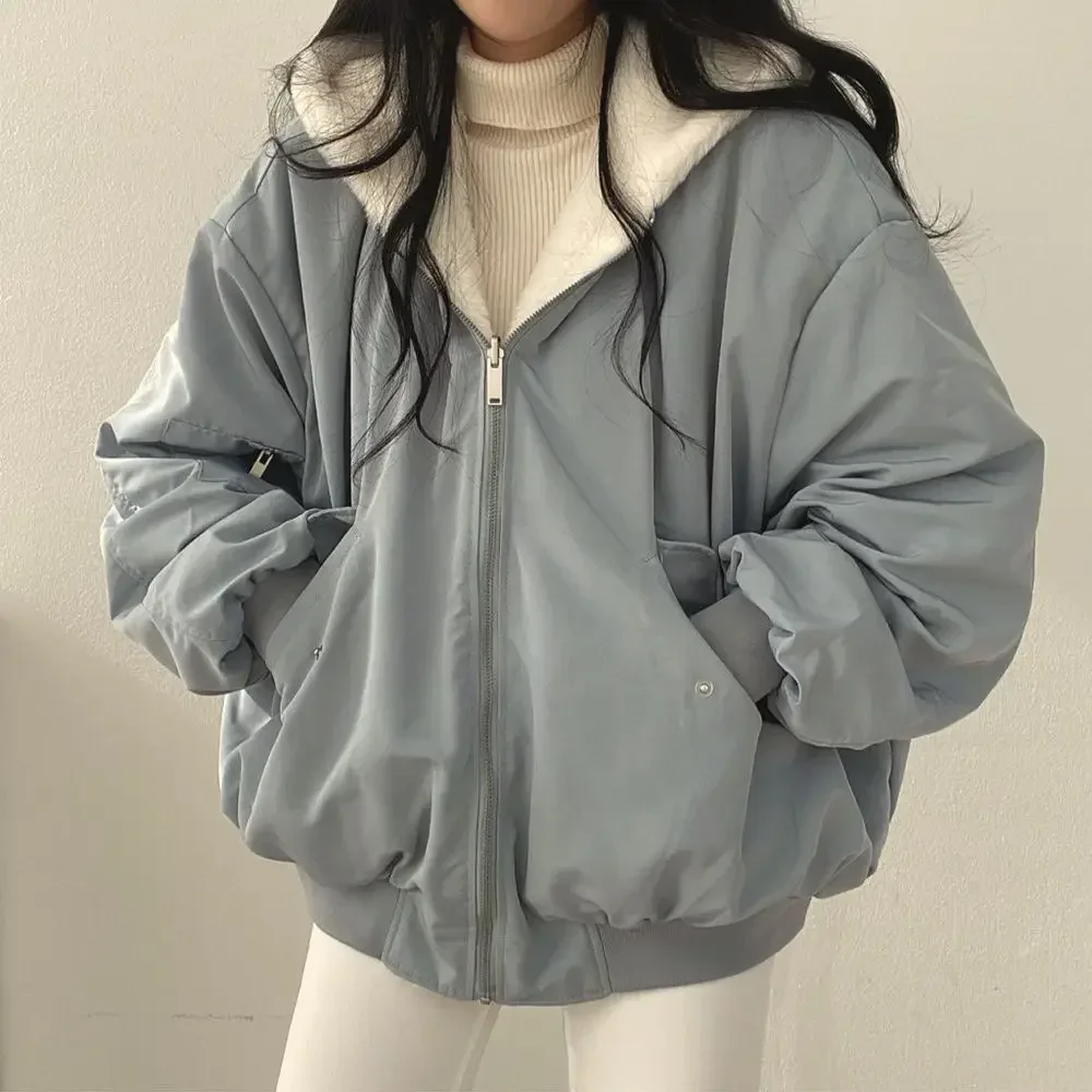Jaqueta casual com capuz feminino, casaco de camada dupla, confortável, estilo coreano, simples, monocromática, quente, grosso, inverno, outono, 2022