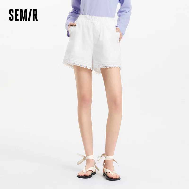 Semir calças casuais femininas soltas cintura elástica elegante 2025 verão novo estilo doce rendas guarnição shorts
