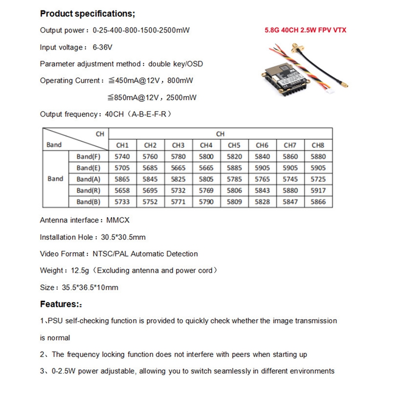 5,8g 2,5 w fpv vtx 40ch 2500mw für rc Starr flügel fpv Langstrecken-Renn drohne langlebig langlebig einfach zu installieren