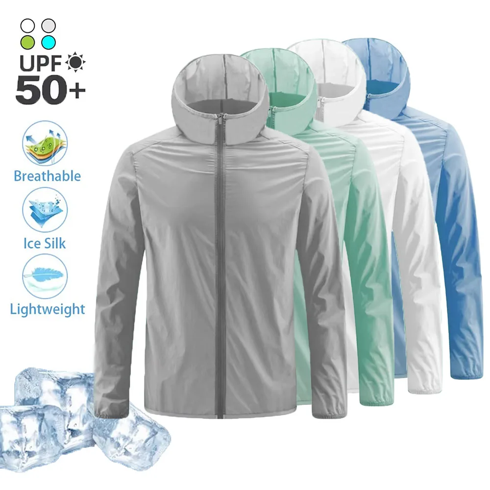 Roupas de proteção solar masculinas de verão, leve, respirável, seda gelo, com capuz, secagem rápida, jaqueta ao ar livre, anti-ultravioleta, casaco de pele