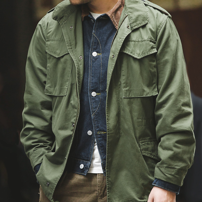 MadenทหารM65 แจ็คเก็ตสําหรับชายสีเขียวOversize Vintage Jacket Casual Windbreaker Solid Lapel Collarพร้อมกระเป๋าOvercoat
