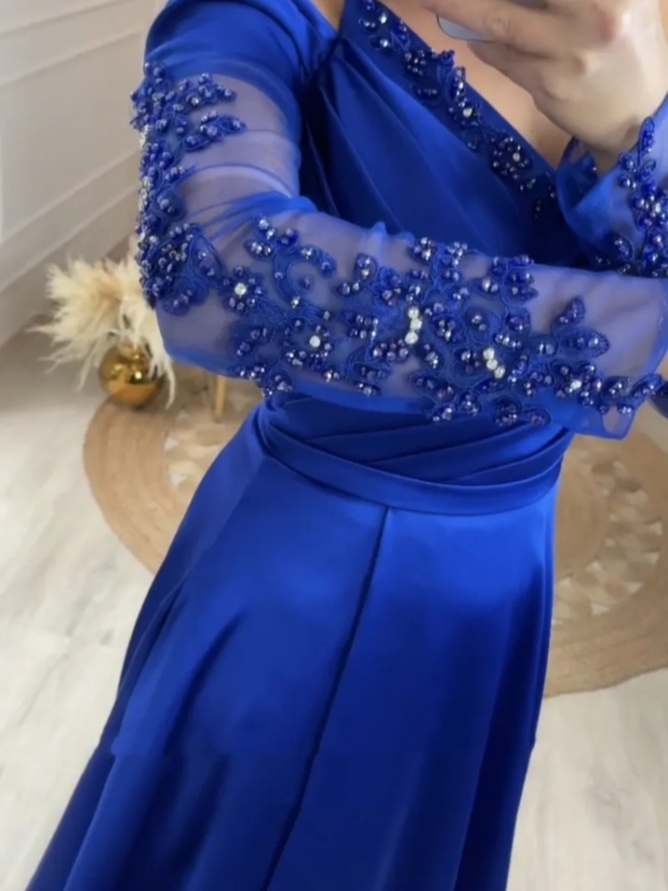 Blue Off Shoulder Evening Dress Wedding Party Application Long sleeved Elegant A-line Ball Formal Dress Customization