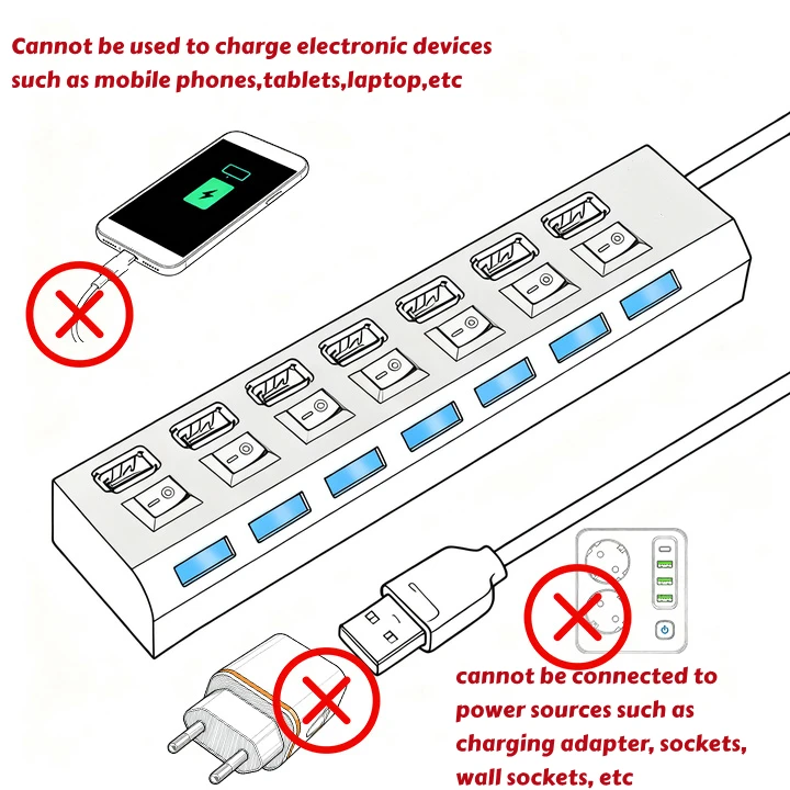 Adaptador expansor USB HUB 2,0 de alta velocidad, 4/7 puertos, divisor Multi USB, extensor múltiple con interruptor de lámpara LED para PC y portátil