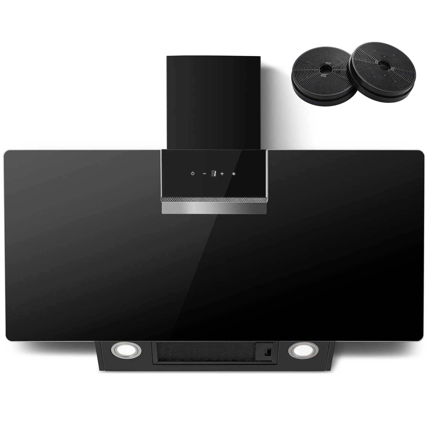 90 cm wandmontierte Dunstabzugshaube 800 m3/h A+++ LED-Touch-Steuerung, schwarzes Glas – Umlauf-/Abluftoption