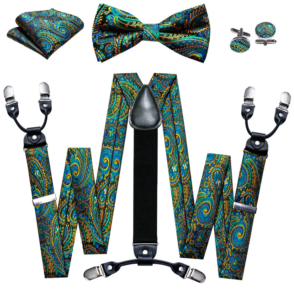 Mode Paisley grüne Seide Männer Hosenträger Fliege Taschentuch Manschetten knöpfe Set Y-Form 6 Clips Party Hochzeit Business Barry. wang