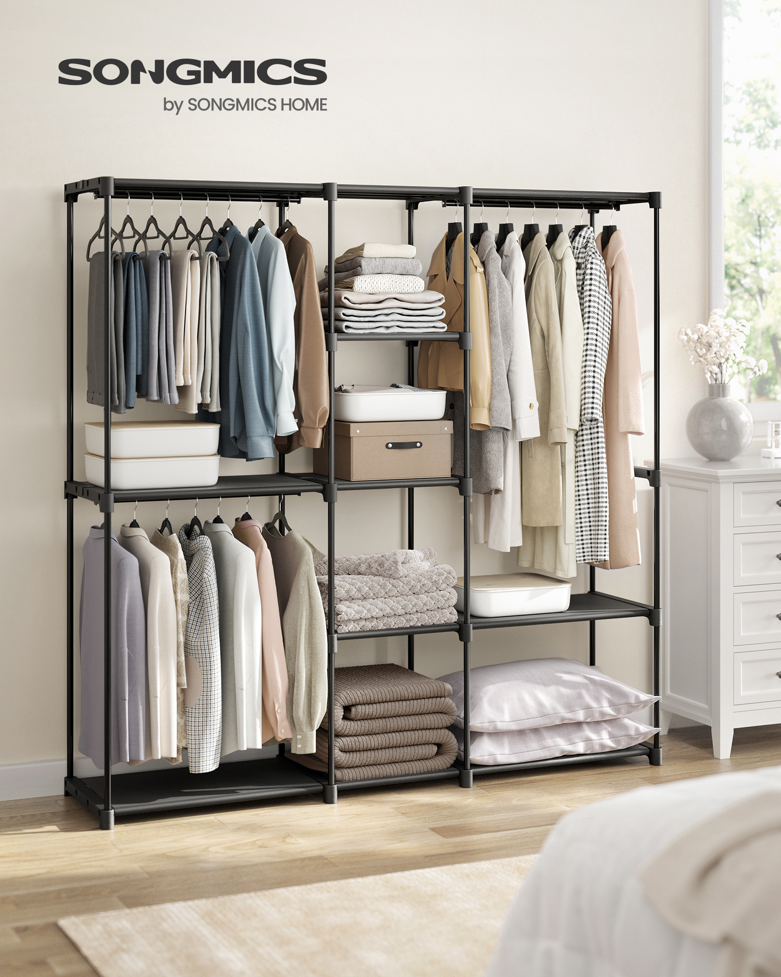 SONGMICS Armoire de Rangement, Penderie Pliable, Dressing, Armoire Métallique, avec Barres de Suspension, Porte-vêtements, pour Vestiaire, Chambre, 182 x 43 x 182 cm