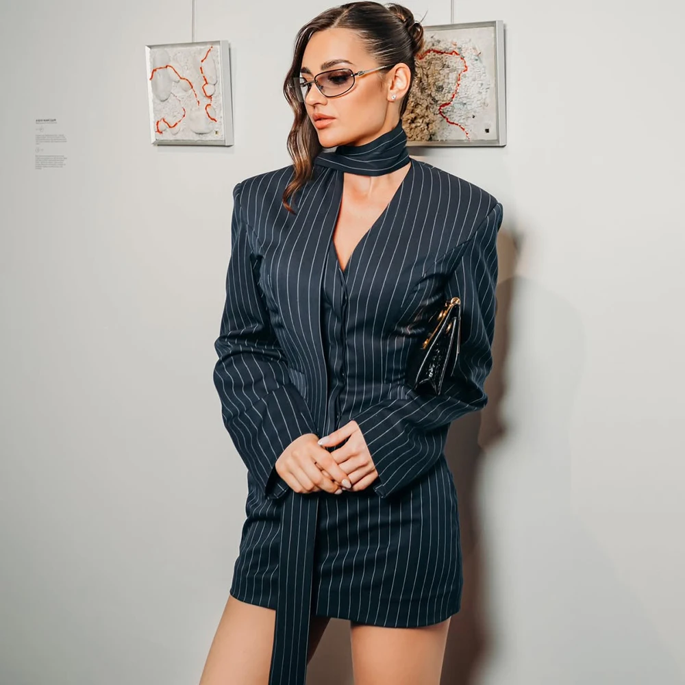 Tuularose 3-delige jurkset dames elegante v-hals gestreept lint blazer slanke korte jurk set mode luxe dames feestjurk set