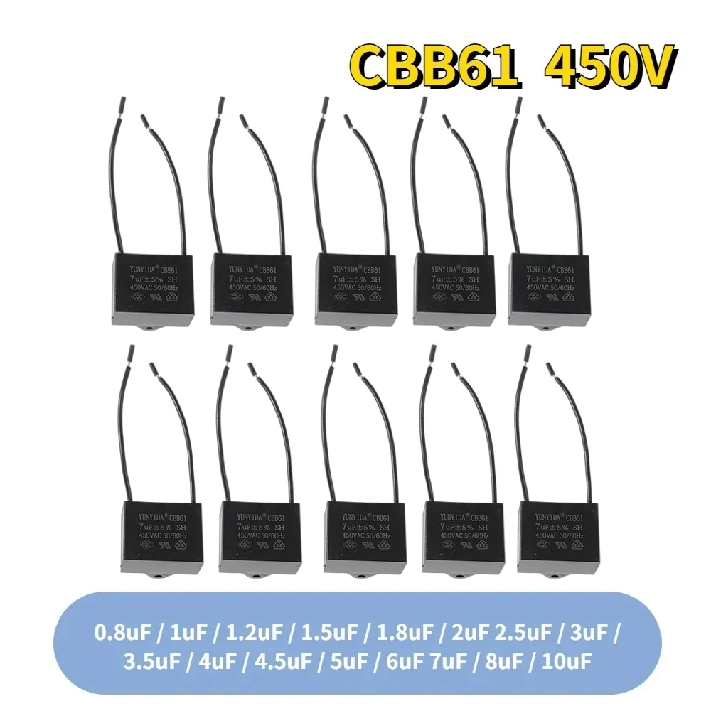 1/5PCS CBB61 450V Start Kondensator 0,8/1/1,2/1,5/1,8/2/2,5/3/3,5/4/4,5/5/6/7/8/10UF Fan Decke Abgas Motor Betrieb Kondensatoren CBB