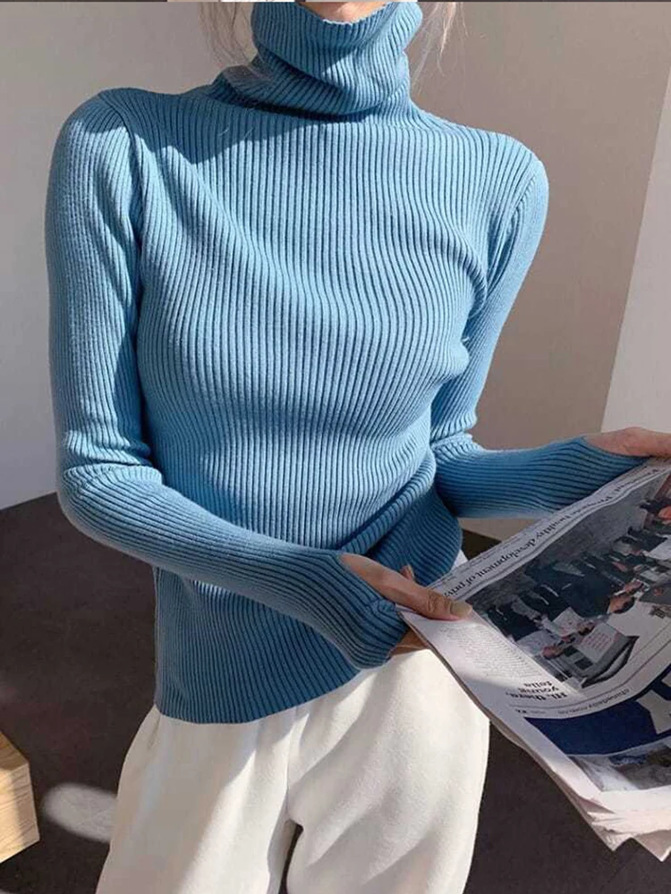 ถักเสื้อกันหนาวผู้หญิงเกาหลีรุ่นเสื้อคอเต่าฤดูหนาวสีทึบPullover SlimmingภายในLapping Warm Basic Tops