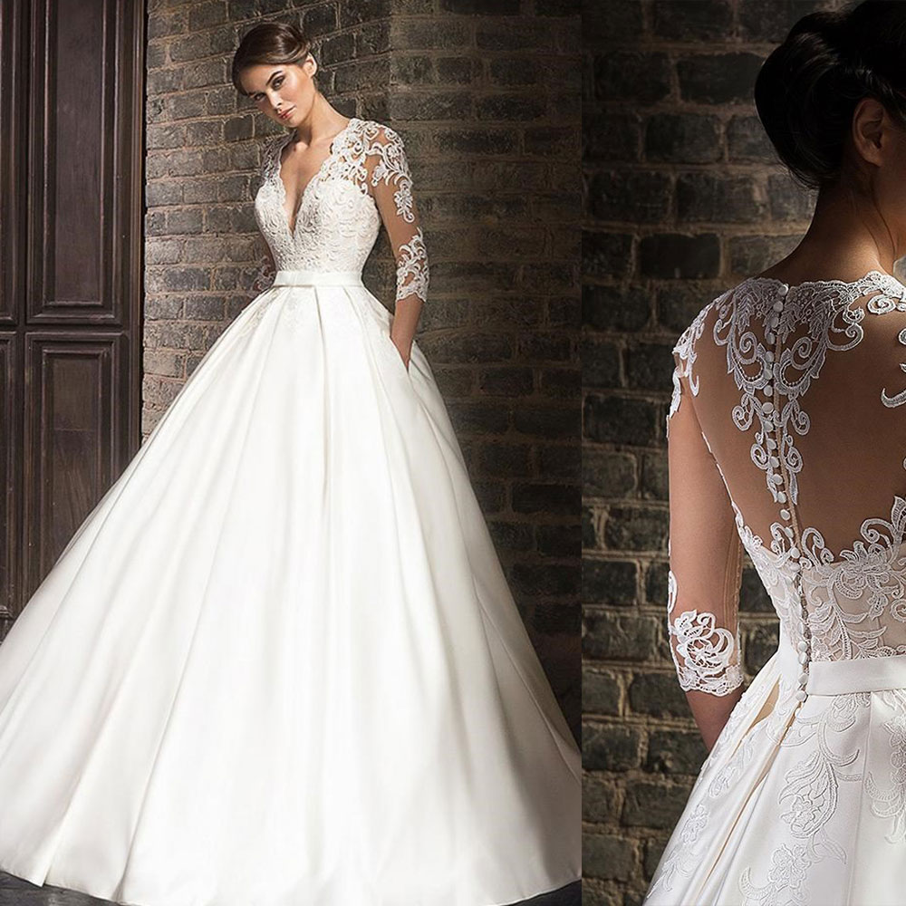 Elegante Spitze Hochzeit Kleider vestido de novia 2022 Halbarm V-ausschnitt Braut Kleid Sweep Zug Taschen Anpassen Robe De Mariee