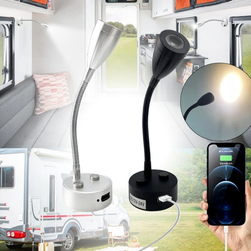Luz de lectura LED Flexible con interruptor táctil, lámpara de pared con puerto de cargador USB para autocaravana, yate, cabina, uso doméstico, 12V y 24V
