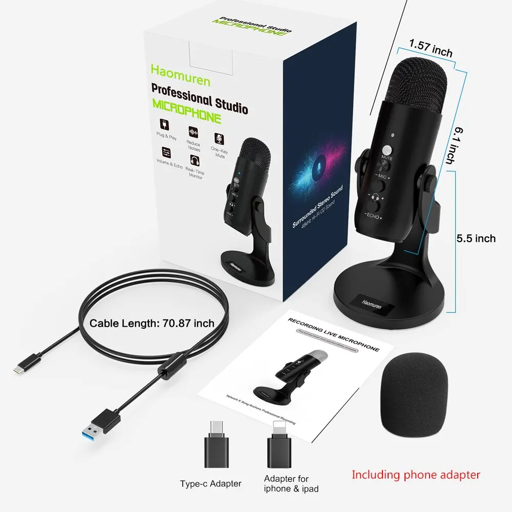 Haomuren USB-Mikrofon für PC, Mac, Gaming, Aufnahme, Stream, Podcast, Computer-Kondensatormikrofon mit Telefonadapter, Kopfhörerausgang